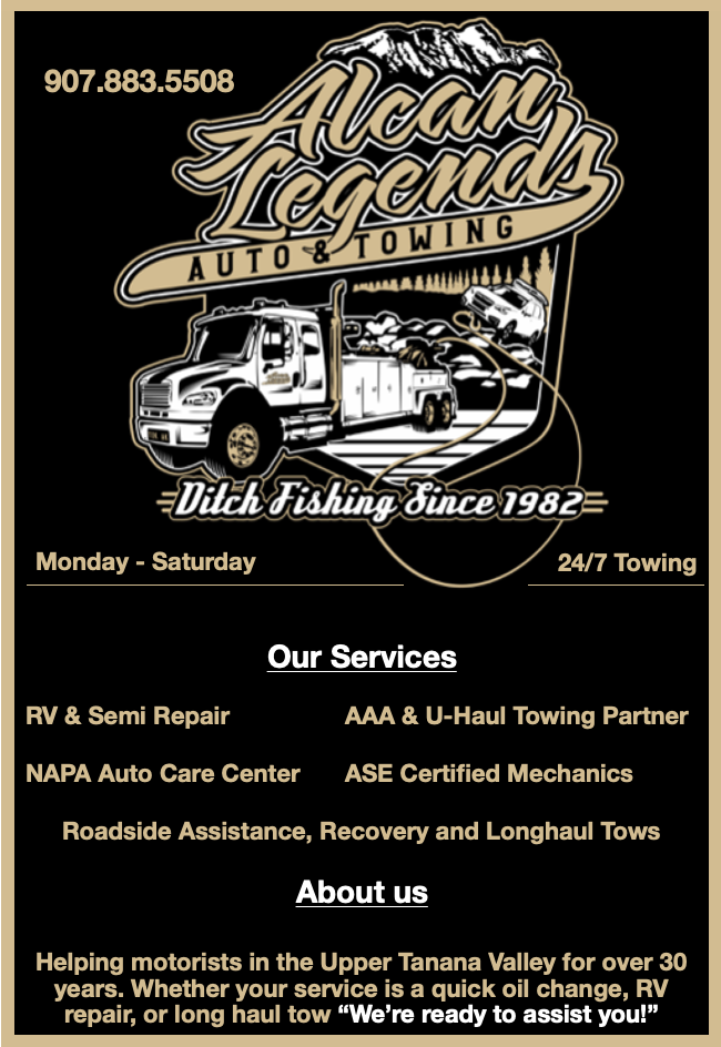 Alcan Legends Auto & Towing — 907.883.5508, 24/7 towing and mechanic service in the Upper Tanana Valley